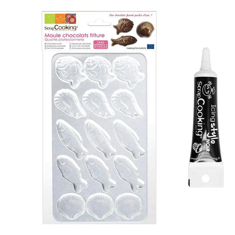 Moule rigide pour fritures en chocolat + Stylo glaçage noir Scrapcooki
