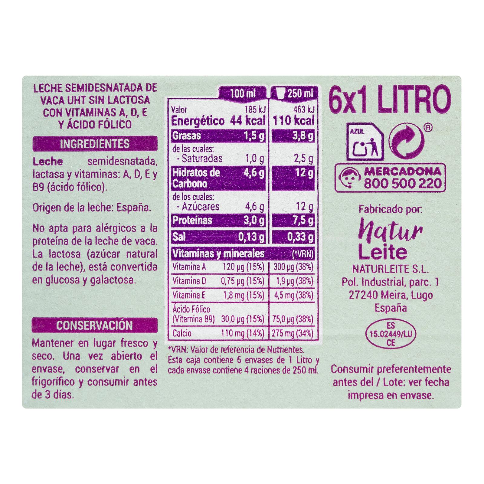 Lait demi-écrémé sans lactose Hacendado