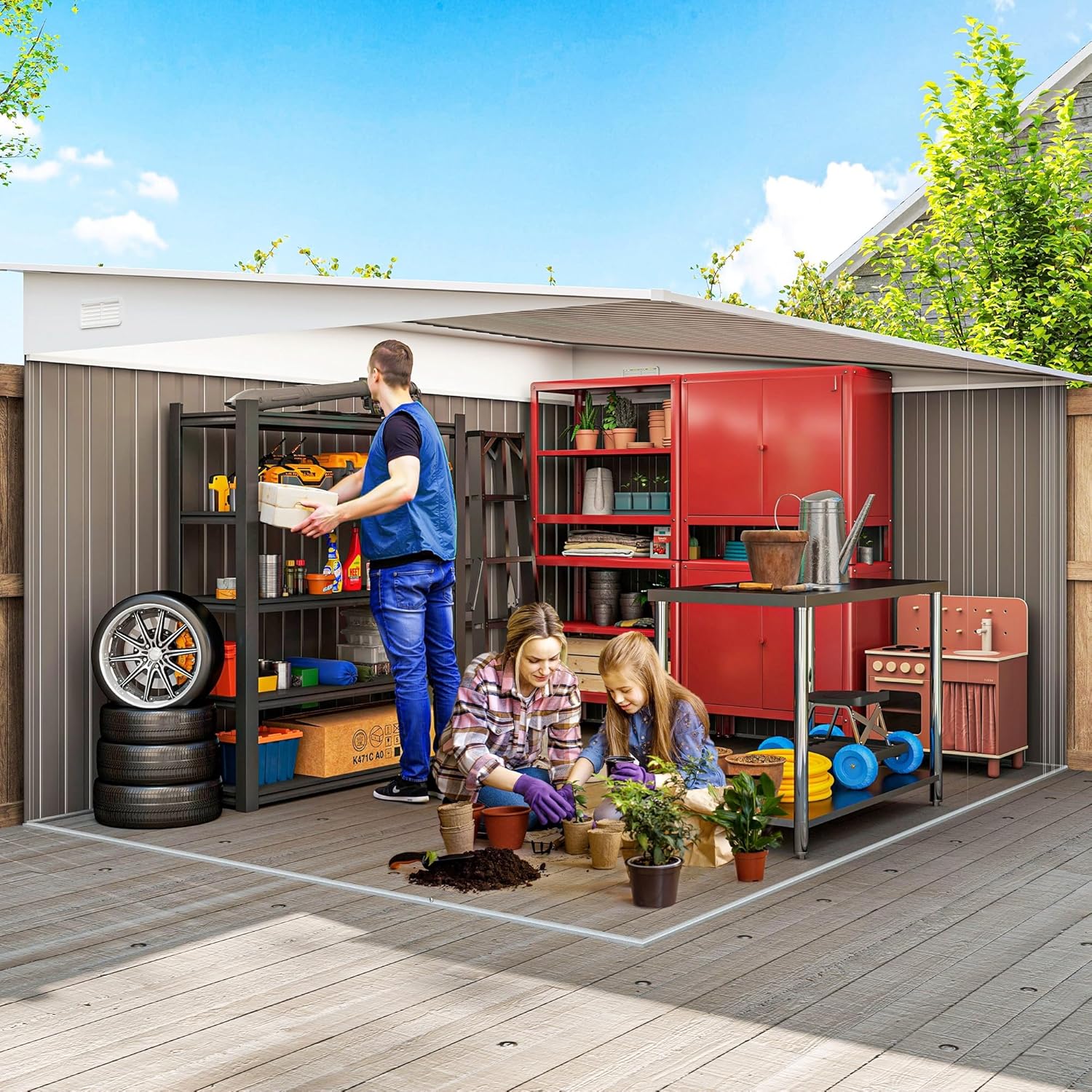 Outsunny Metall Gerätehaus 280x345x201cm 19,4m³ Gartenhaus mit Pultdach Schiebetür wetterfest Geräteschuppen Schuppen Outdoor Schrank für Außenbereich Hinterhof Anthrazit Garten, Grau