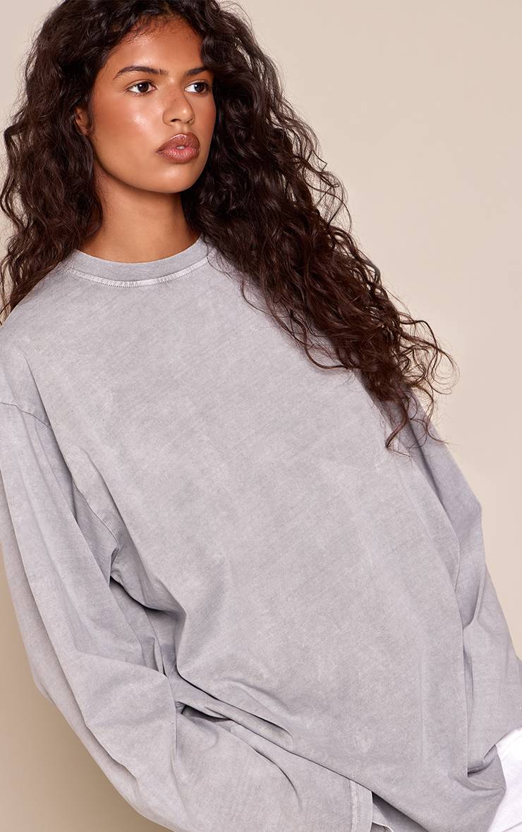 Gris T-shirt Oversize En Coton Délavé À L'acide À Manches Longues