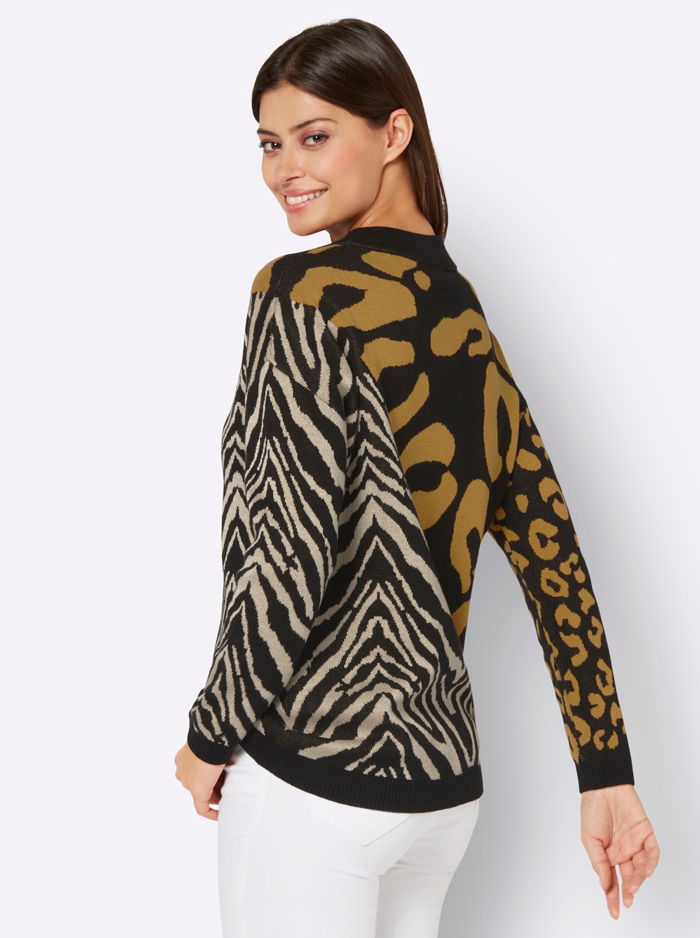 Jacquard-Pullover in schwarz-ocker-gemustert