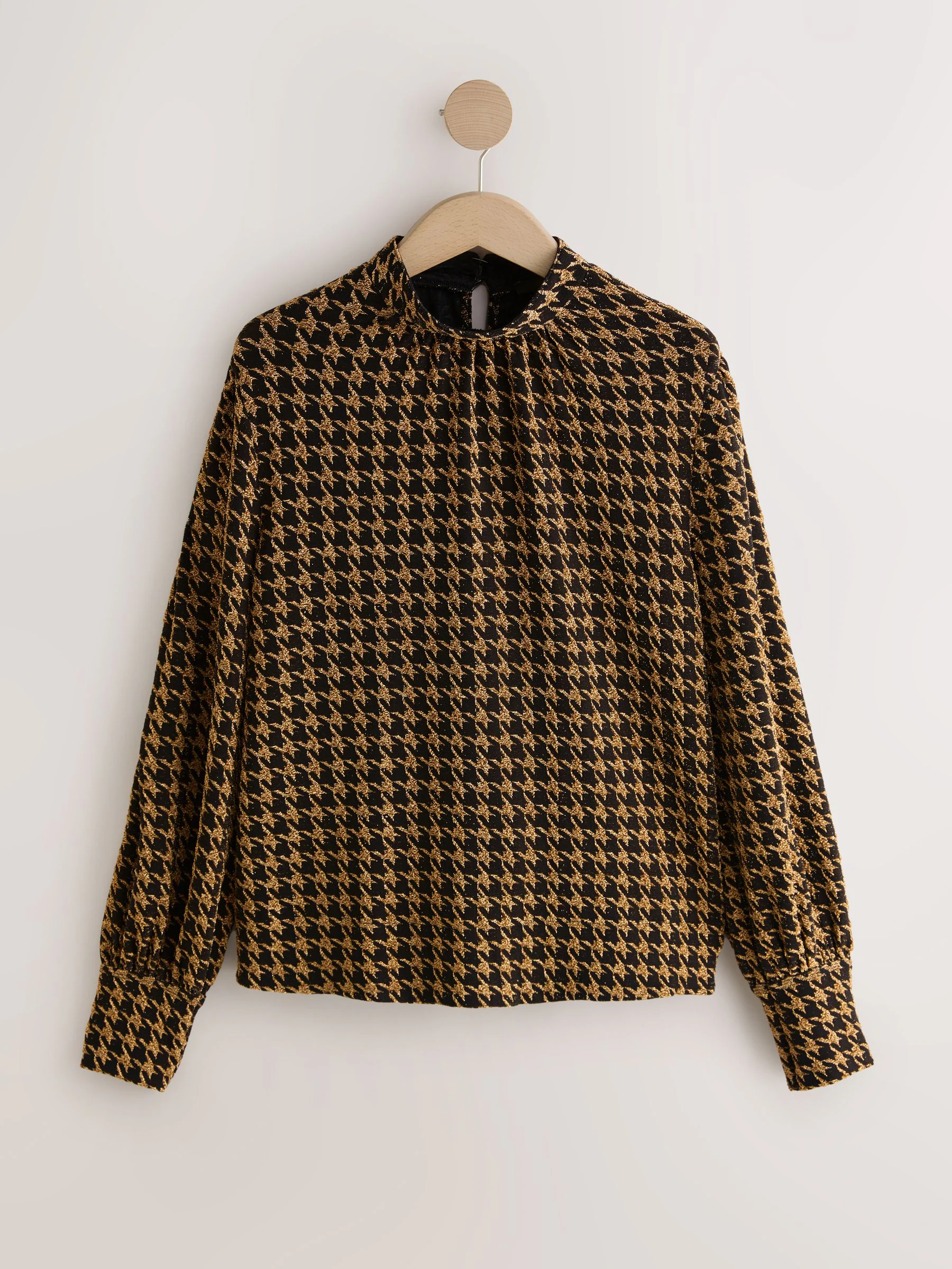 Zwart/goud getand motief - Long Sleeve High Neck Jaqcuard Blouse