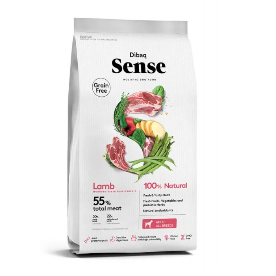 Ração para cães Dibaq Adult Sense sem grãos, sabor cordeiro.