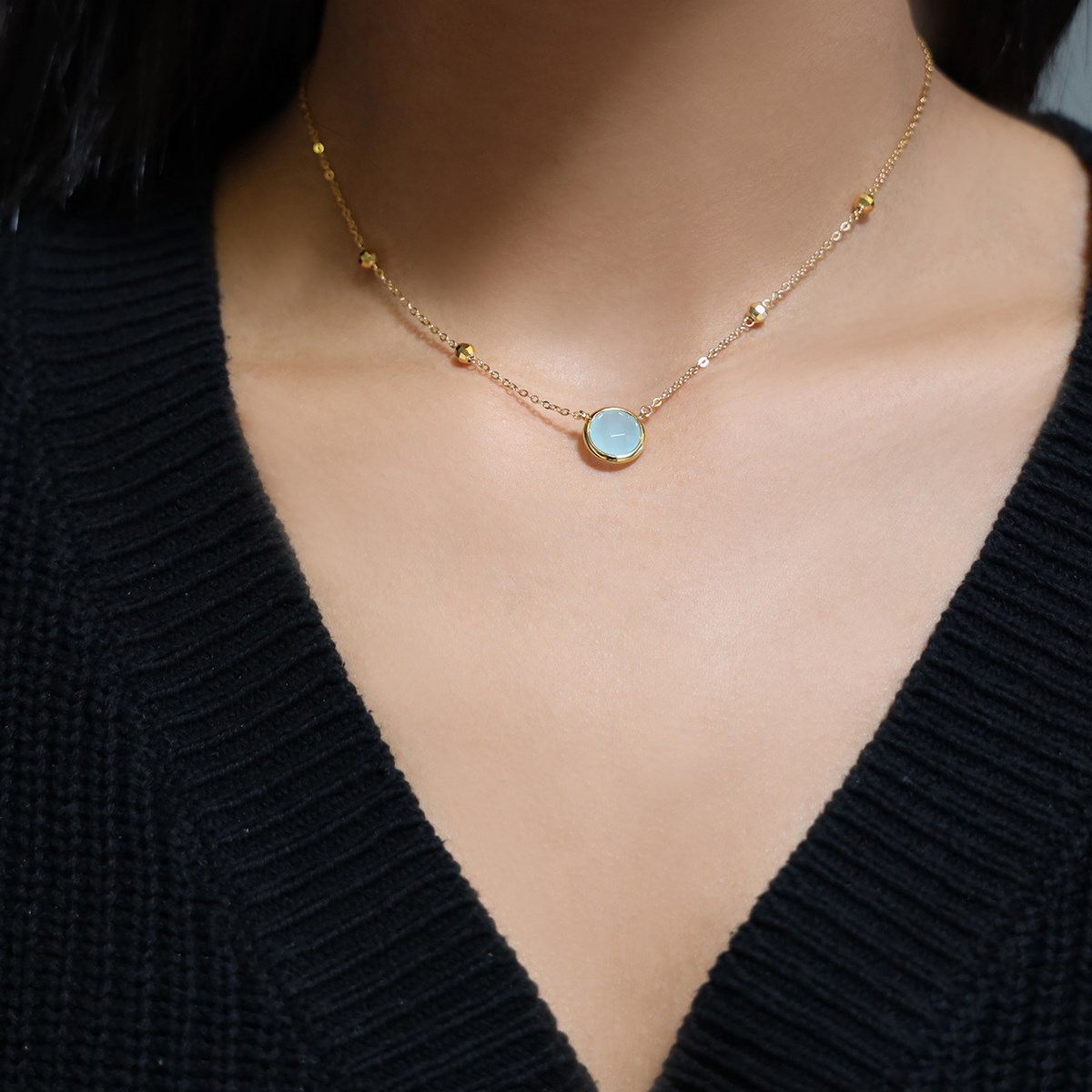 Collier Argent Doré Valentine Cristal Vert Eau