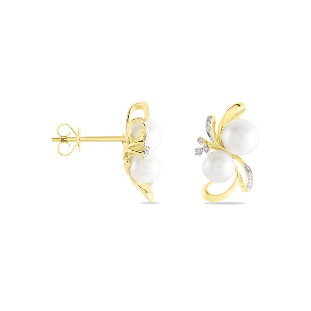 Boucles D'oreilles Puces Wandula Or Jaune Perle De Culture Et Diamant