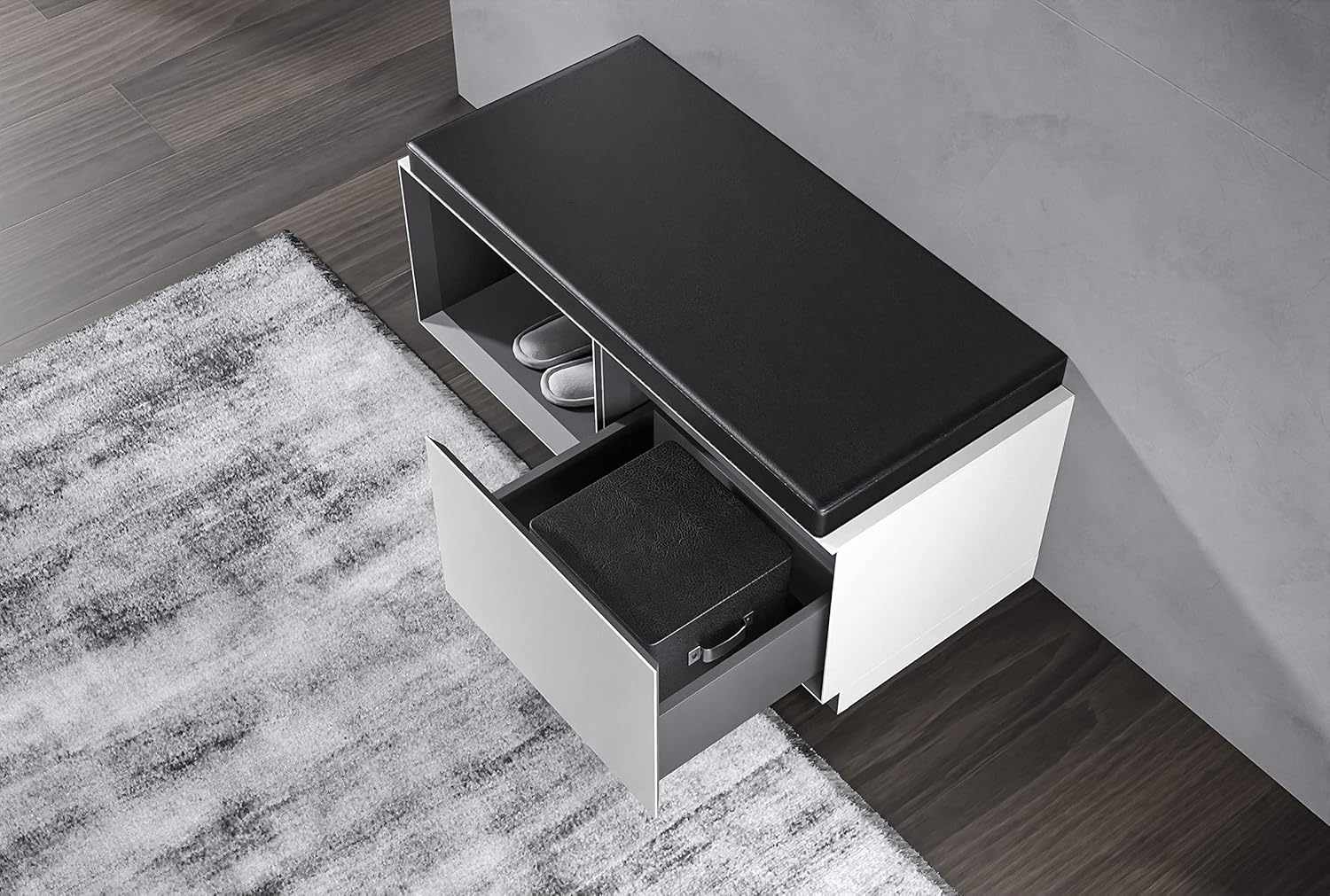 BERNSTEIN® Sitzbank Arctic - Open Storage Links, 90 x 40 x 36 cm (B x T x H), mit Schublade mit Push-Open Mechanismus Badmöbel-Serie Arctic, Softtouch Oberfläche, Badezimmer Hocker, Vormontiert