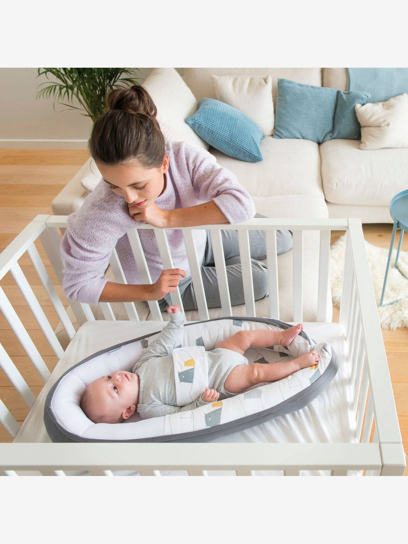 Cama redutora conversível BABYMOOV Doomoo Cocoon, cinza escuro, lisa com estampas