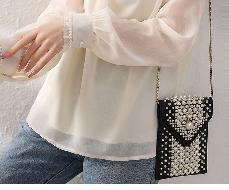 malabar - Blouse met lange mouwen en een mockneck, effen volantrand en imitatieparels