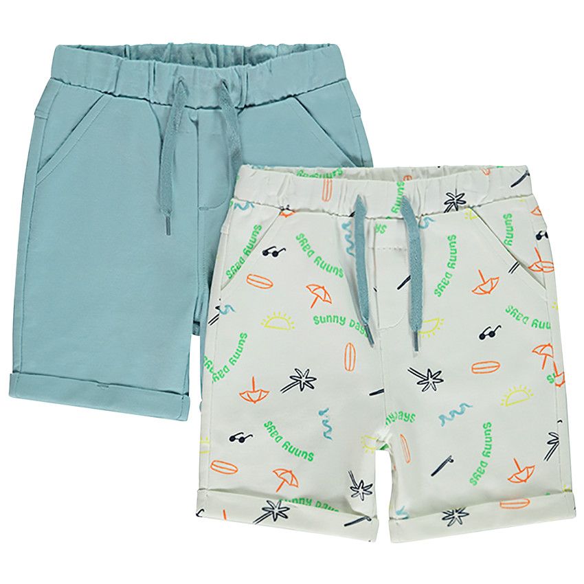 Lot de 2 bermudas molleton uni et imprimé pour bébé garçon - Bleu