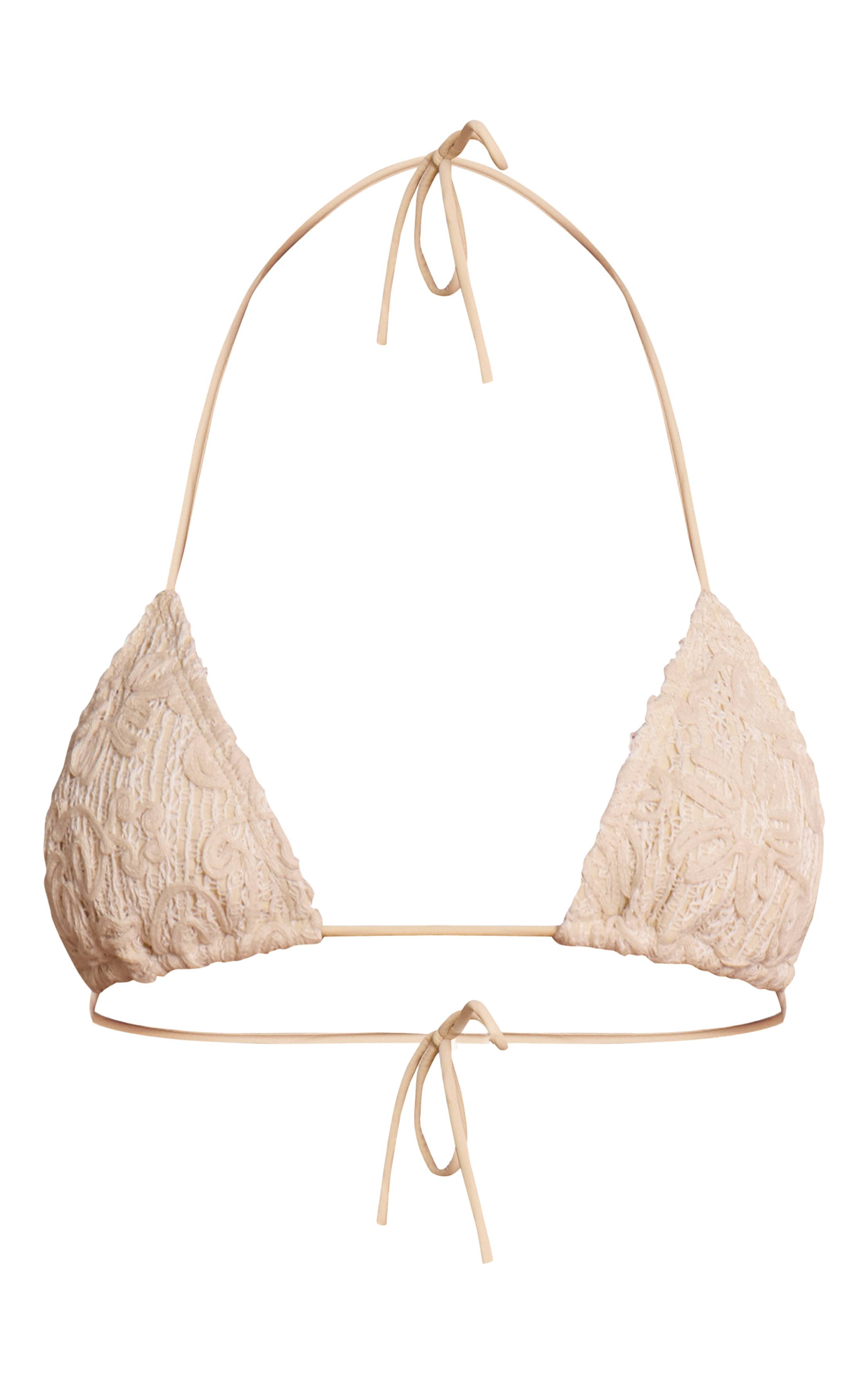 Crème Haut De Bikini Triangle Brodé De Fleurs