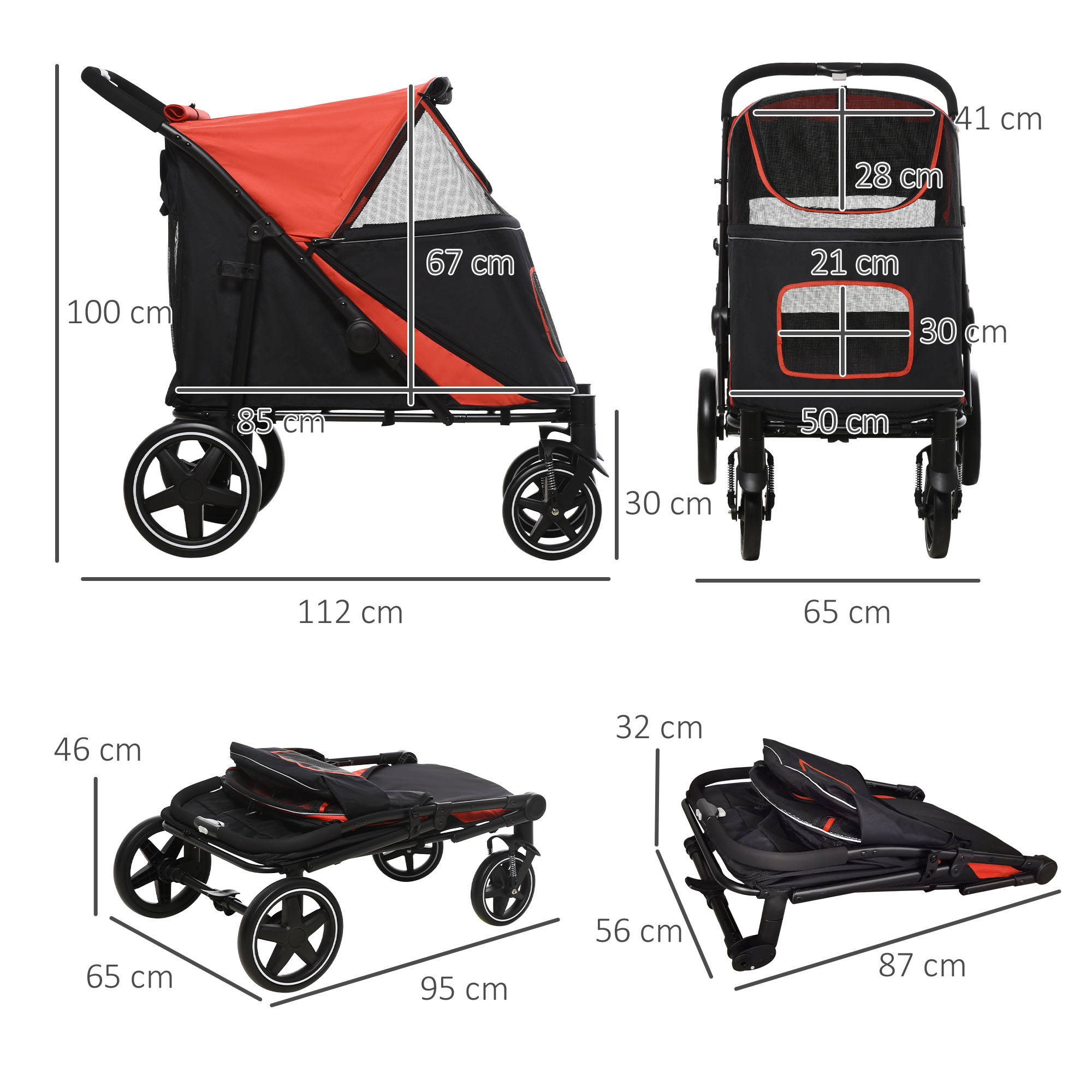 Carrinho dobrável para cães PawHut, com janelas de tela, cintos de segurança, bolsos de armazenamento, capacidade de carga de 40 kg, 112 x 65 x 100 cm, vermelho.