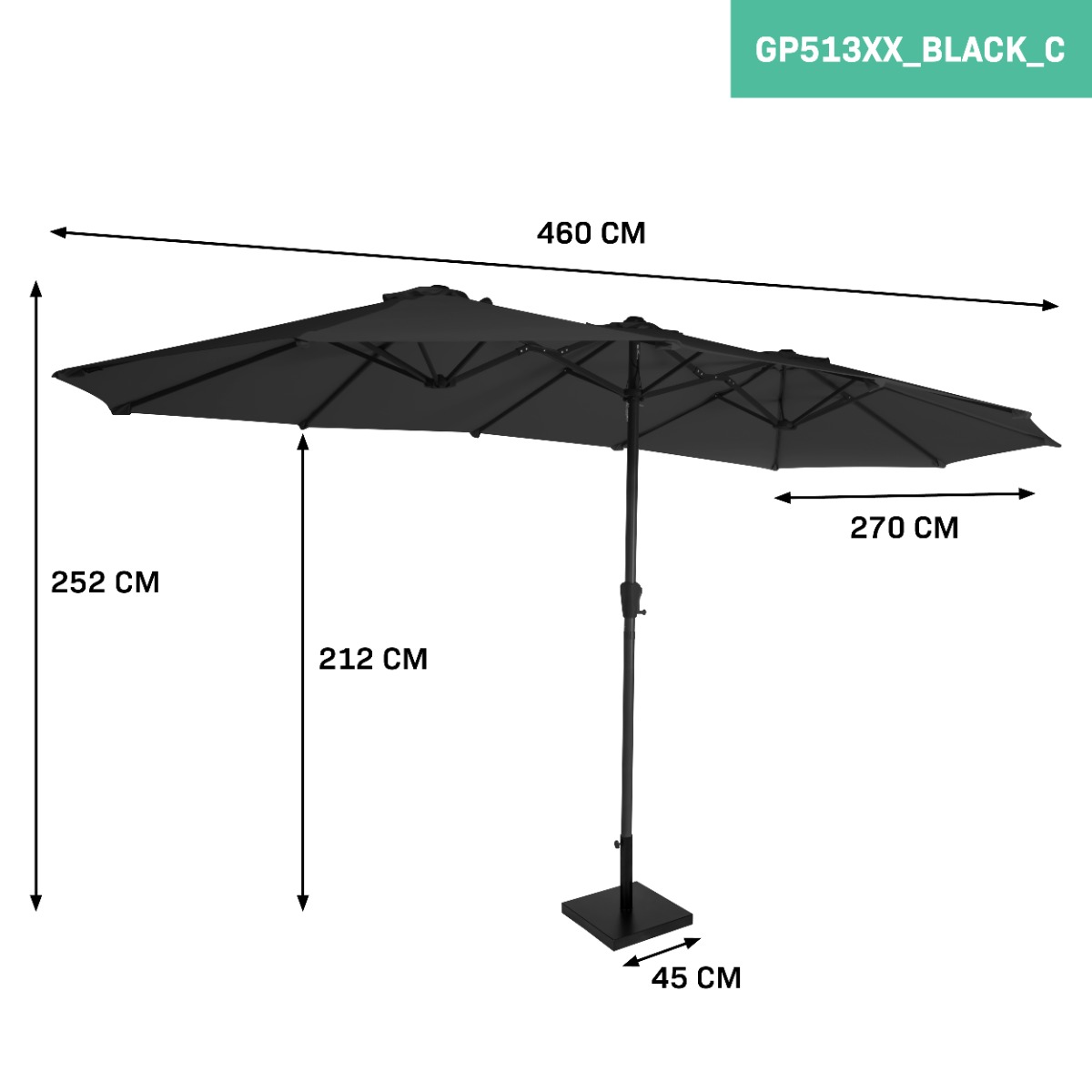 VONROC Iseo 460 x 270 Premium Parasol met voet - Black