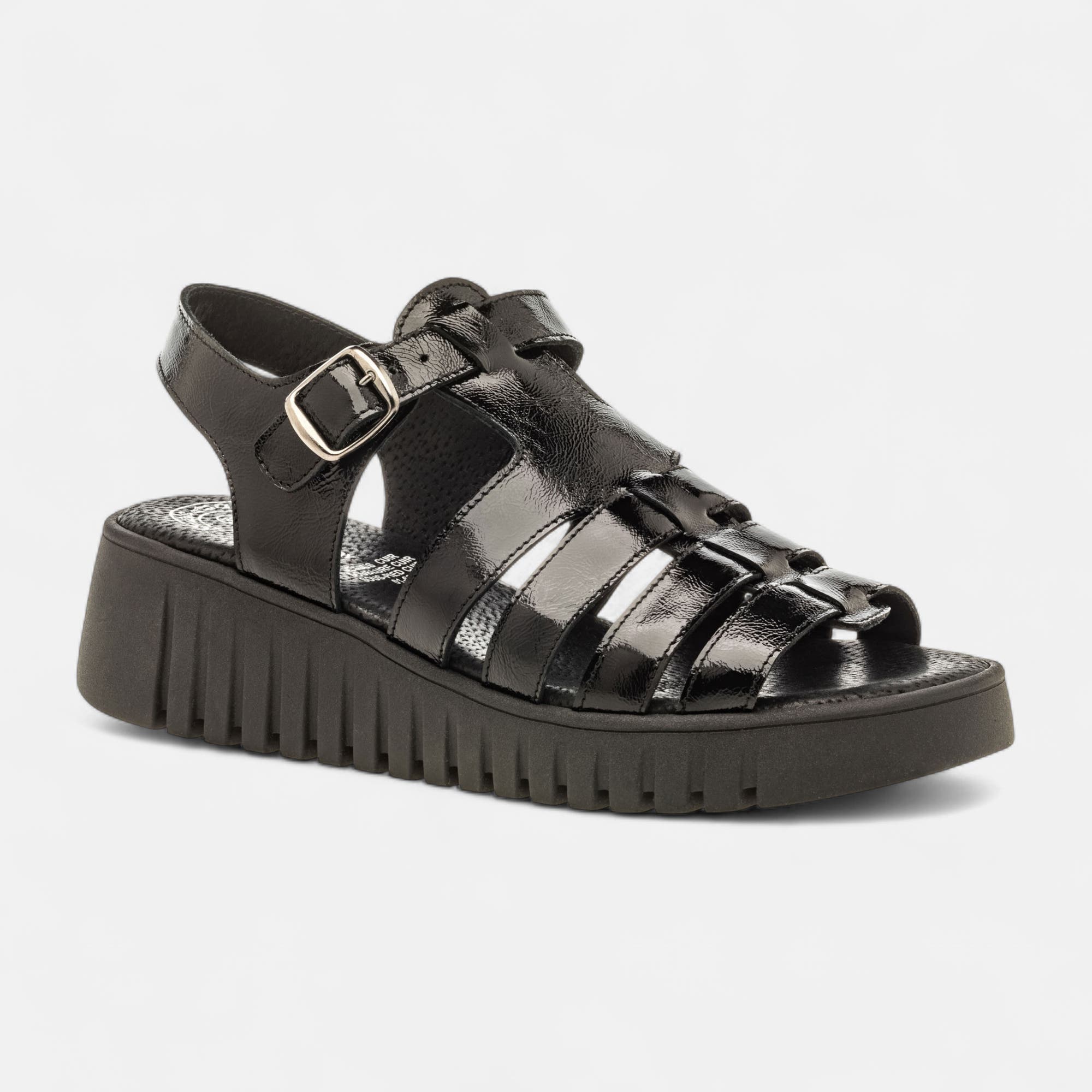 Sandales à talon compensé Femme en cuir noir vernis