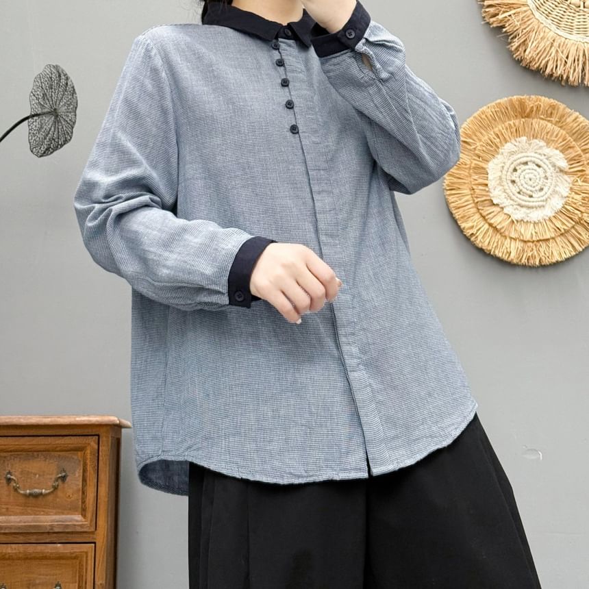 Mori Girls - Overhemd met lange mouwen, reverskraag en contrasterende pied-de-poule print en knoopjes