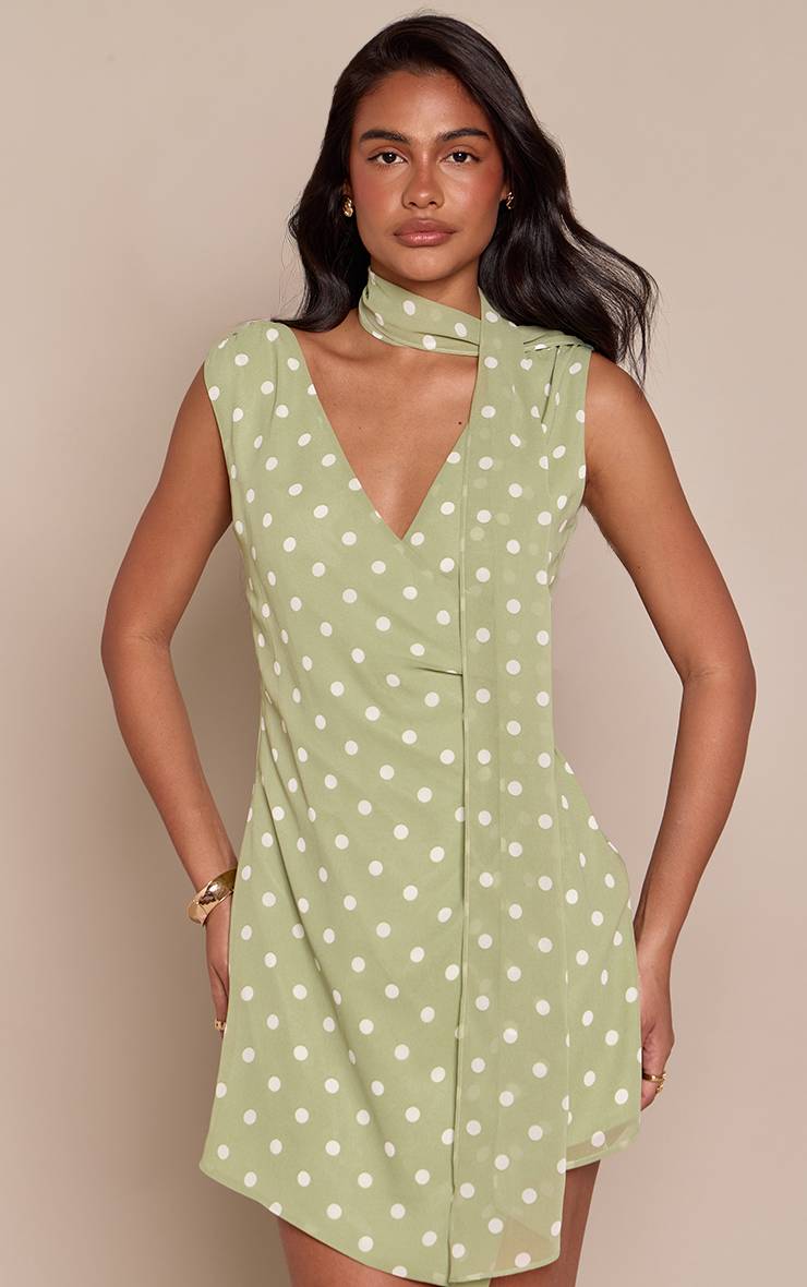 Vert Robe Mini En Mousseline À Pois Avec Détail Foulard