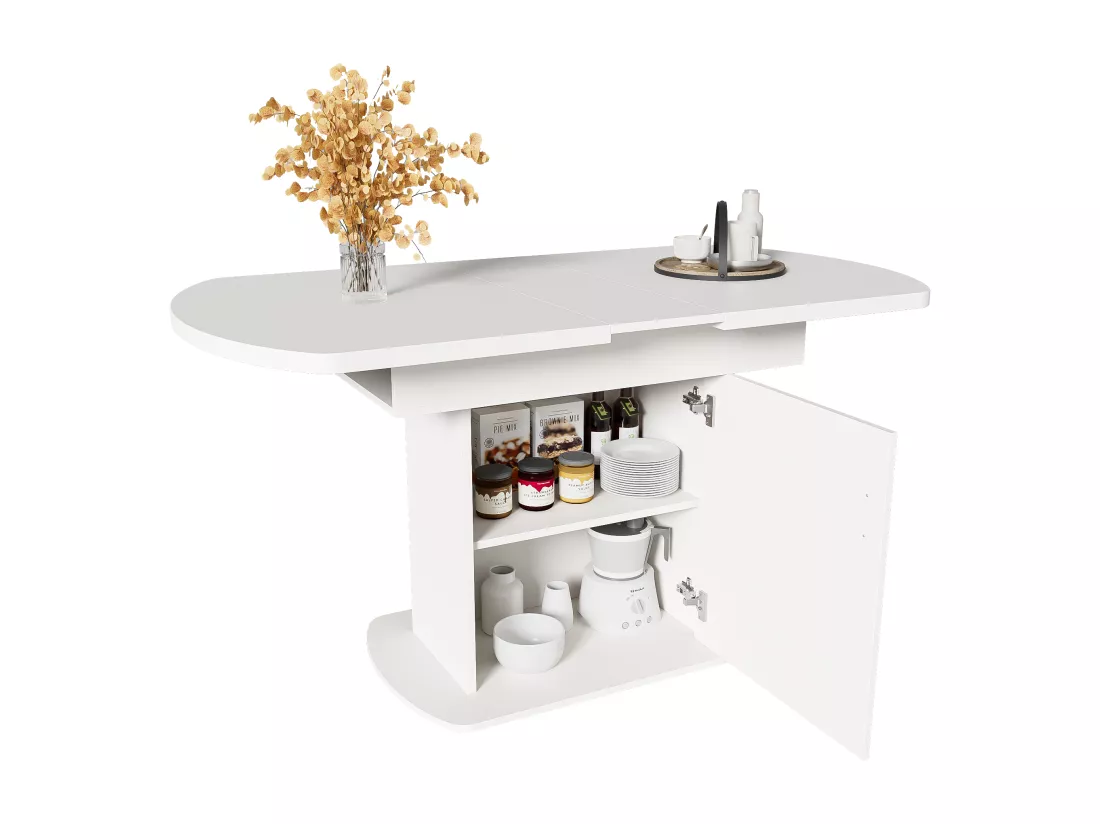Table à manger ovale escamotable - avec espace de rangement et poignée dorée - Blanc