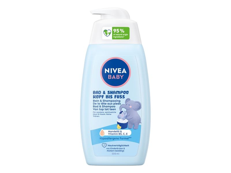 NIVEA BABY Bad & Shampoo Kopf bis Fuss 500 ml Mildes Pflegeshampoo für saubere und samtweiche Haut und Haare