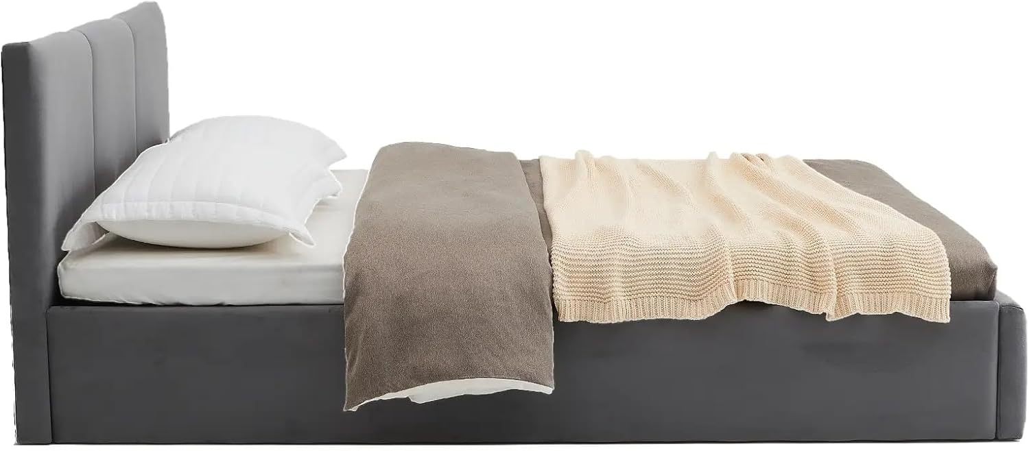 Home Collective Polsterbett, Bett mit Stauraum, Stauraumbett mit Lattenrost gepolstert mit Kopfteil Doppelbett mit Bettkasten | Gasdruckfedern & Metallrahmen, Samtpolsterung | 140×200 cm | Graphit