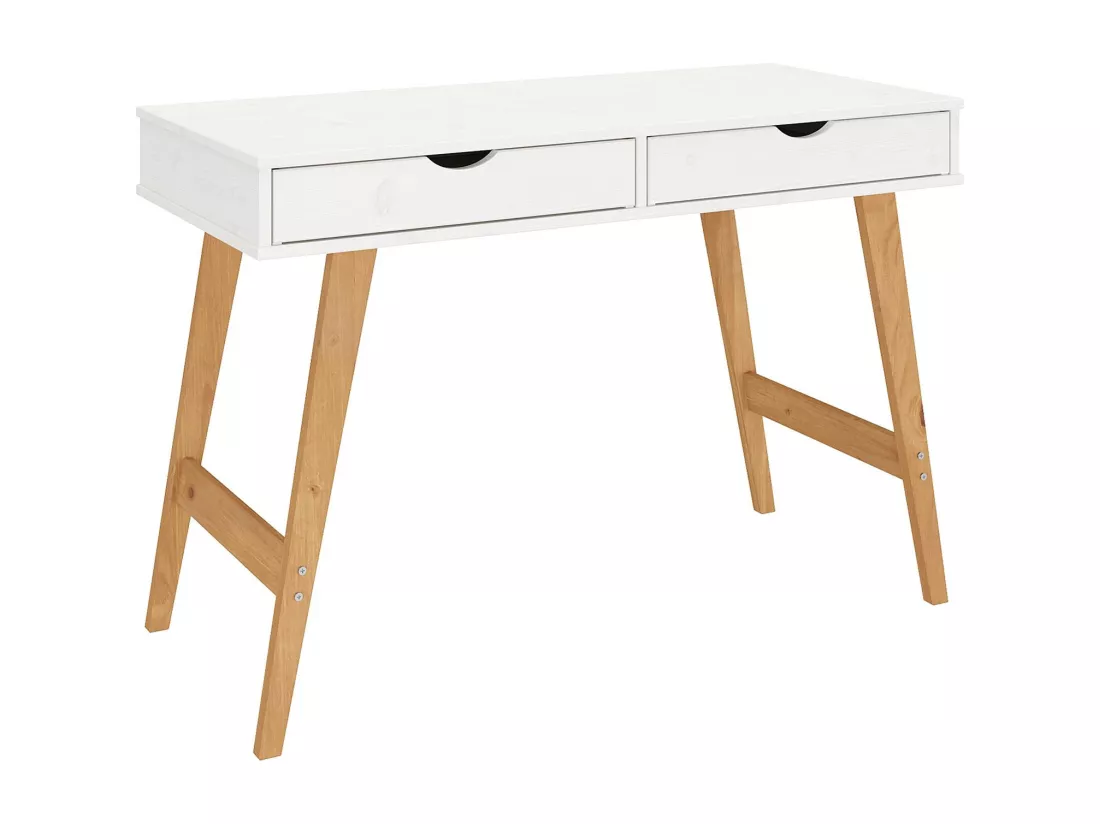 Bureau MILO en pin massif lasuré blanc avec 2 tiroirs de rangement