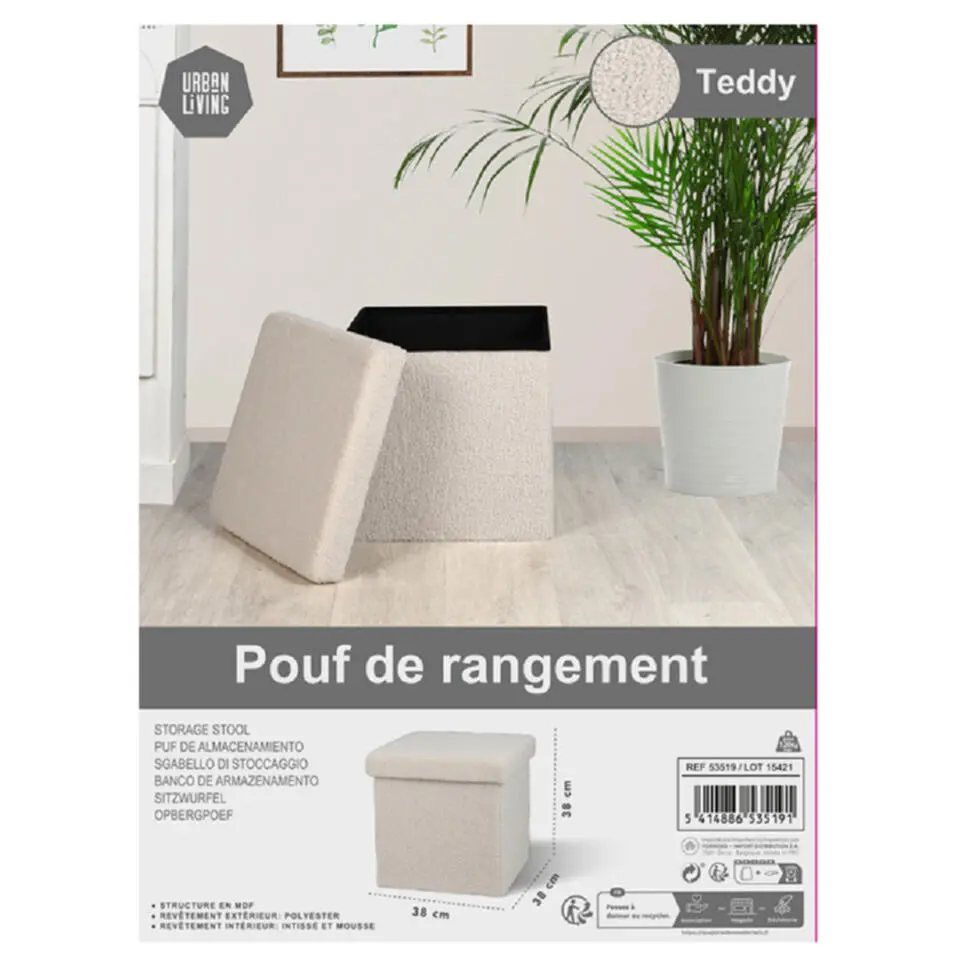 Urban Living poef/hocker/opbergbox - creme wit - mdf - 38 x 38 cm