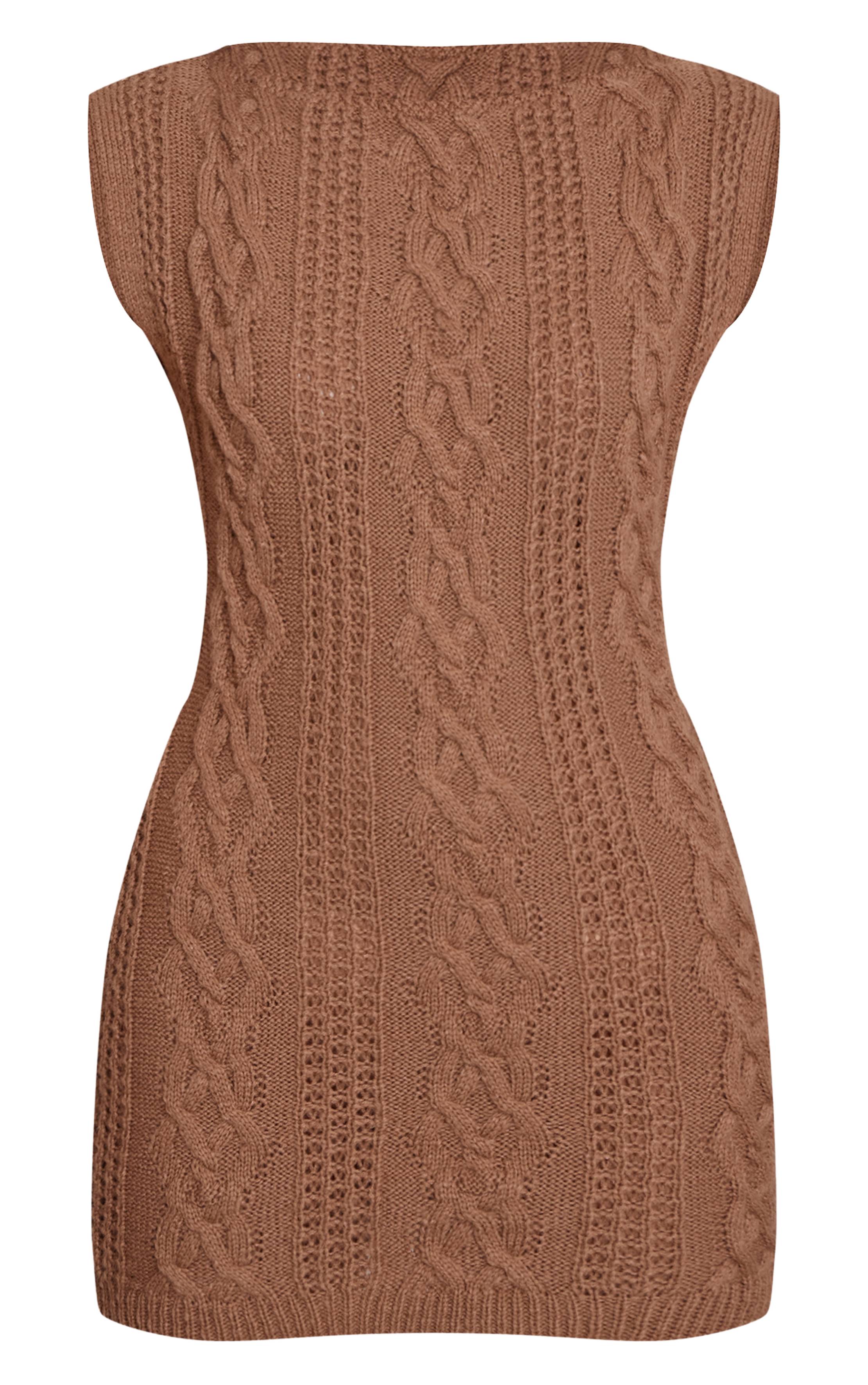 Taupe Robe Courte Mini En Maille Torsadée À Manches Courtes