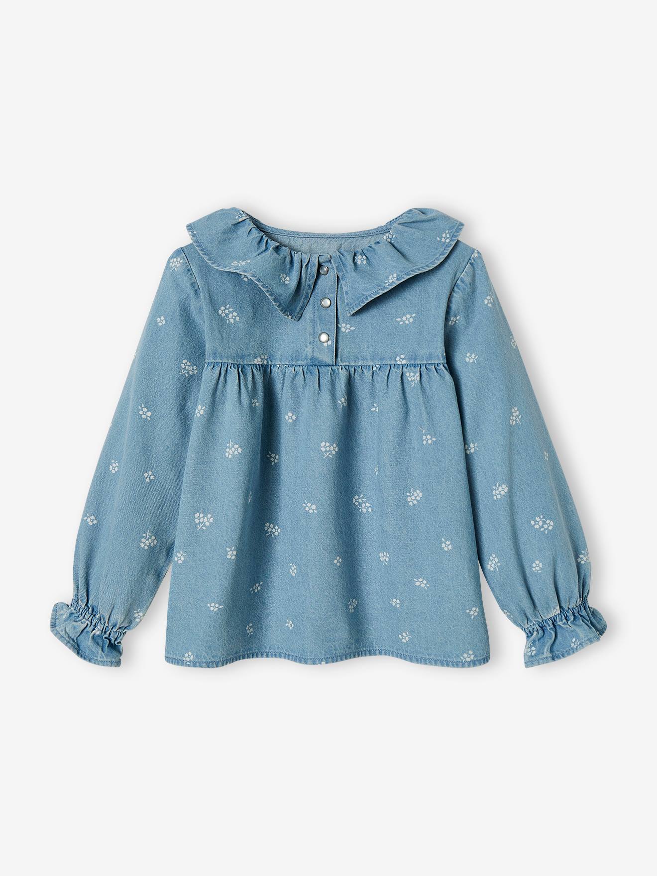 Camisa jeans com gola floral para meninas, estampa dupla