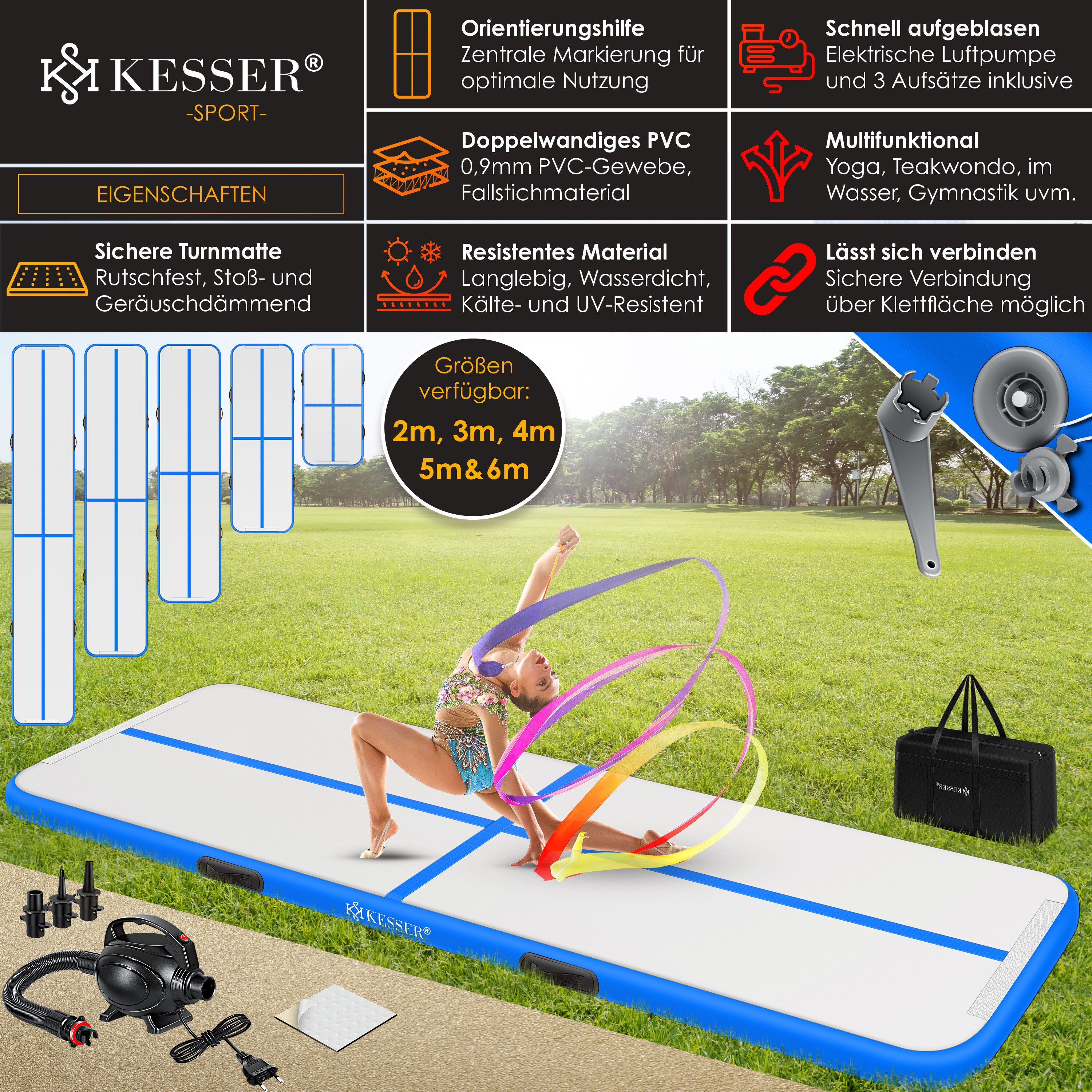 KESSER® Turnmatte Aufblasbar Airtrack Fitness-Matte Gymnastikmatte 3/4/5/6m | inkl. Tragetasche & elektr. Luftpumpe | Yogamatte, Tumbling Matten , Trainingsmatte Sportmatte Yoga, Turn- & Fitness