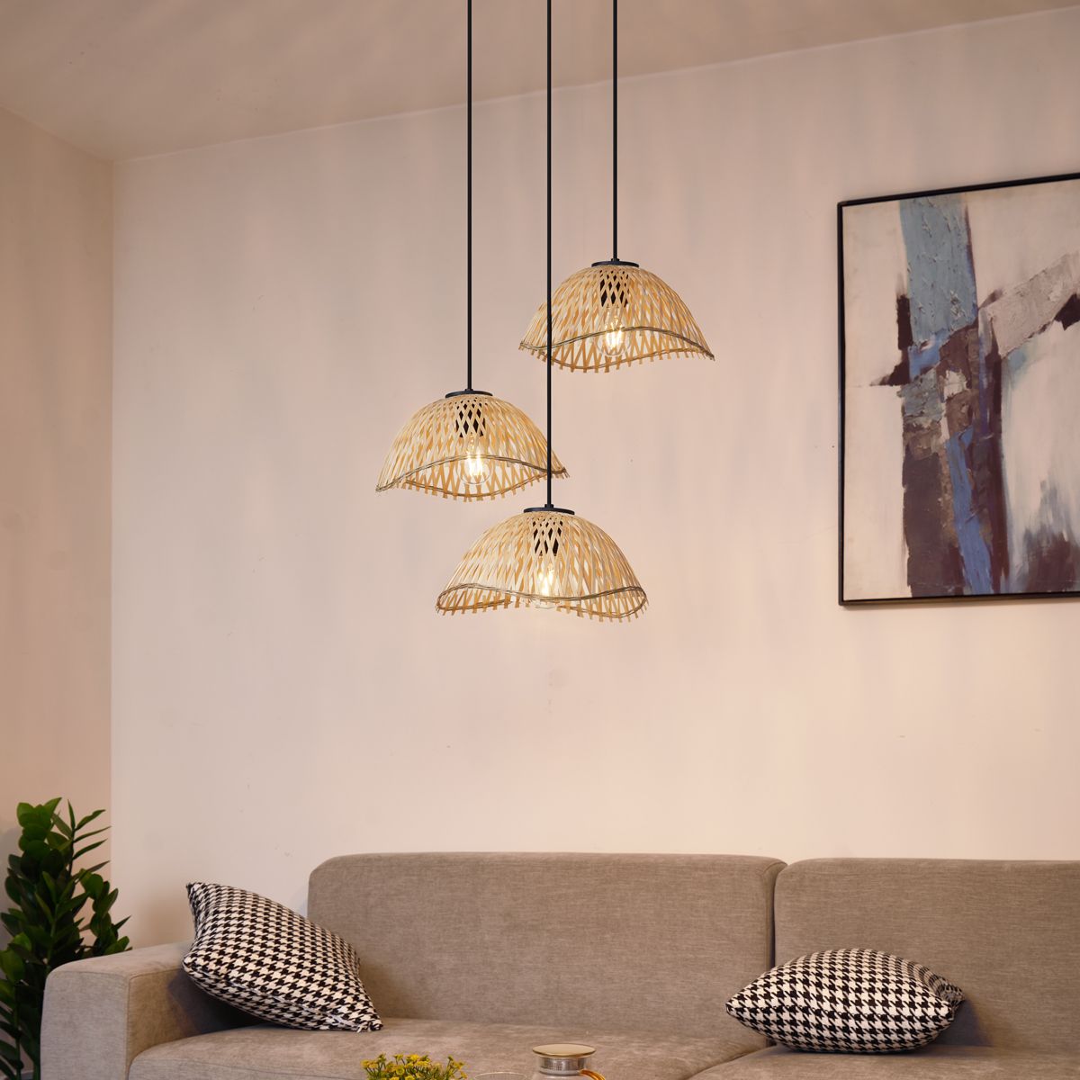 Bohemian hanglamp zwart met bamboe 3-lichts - Lily