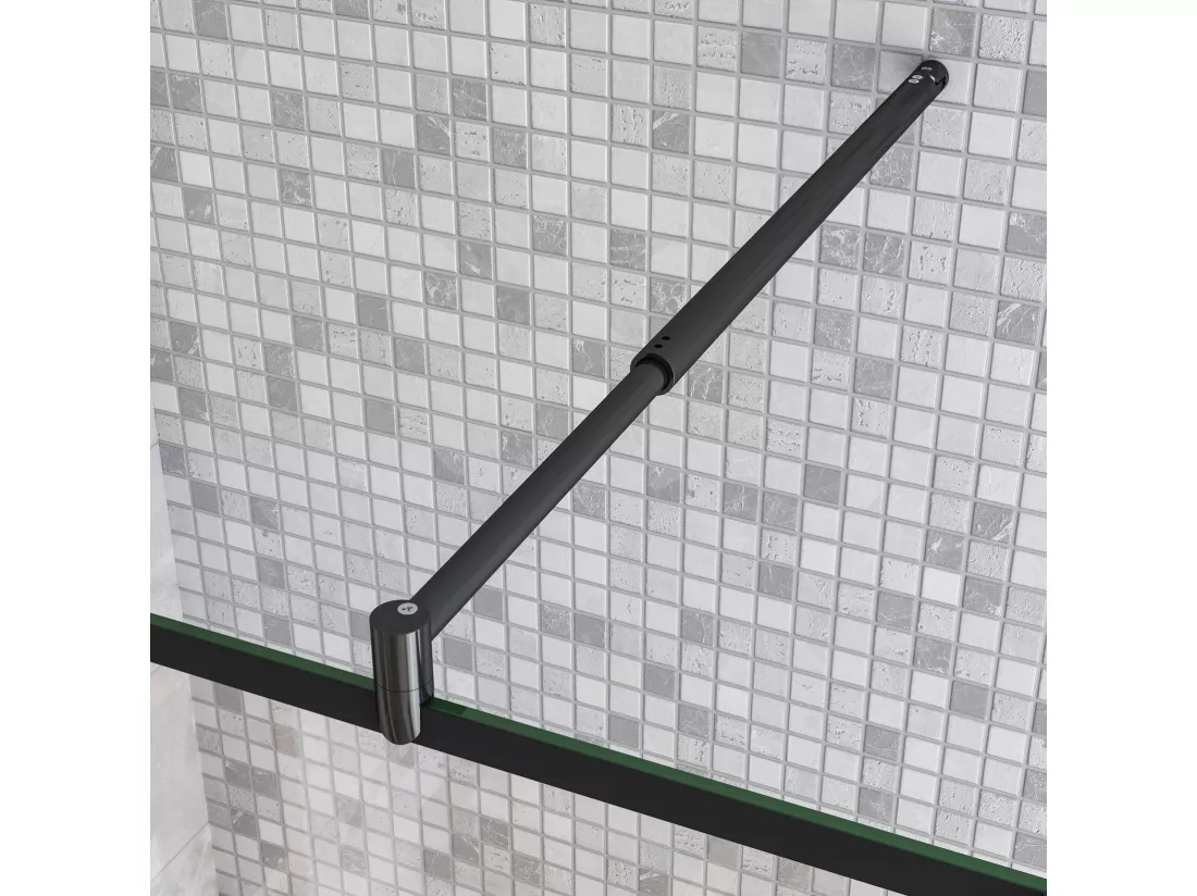 Paroi de douche fixe à l'italienne 120+30x200cm avec retour pivotant - Noir - avec barre de fixation 70-120cm en cylindrique