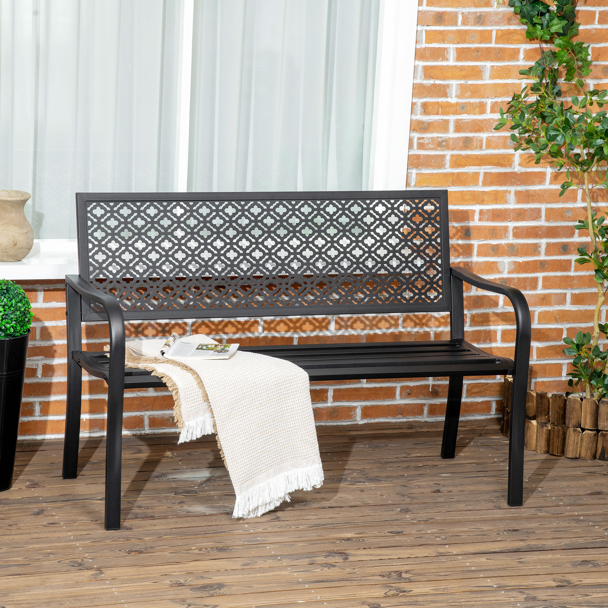 Banco de jardim Outsunny em aço, banco externo de 2 lugares com encosto decorativo estampado para terraço, varanda e pátio, capacidade de carga de 240 kg, 127 x 63 x 83 cm, preto