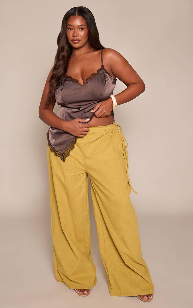 Vert Olive Pantalon Large Grande Taille En Lin Premium Avec Détails Liens Sur Les Côtés