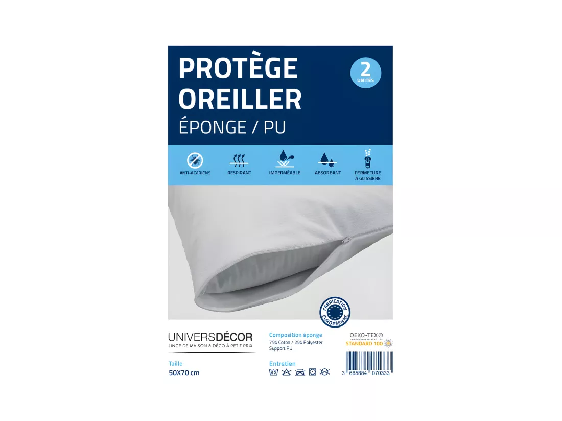 Lot de 2 protège oreiller éponge imperméable anti-acariens 50 x 70 cm