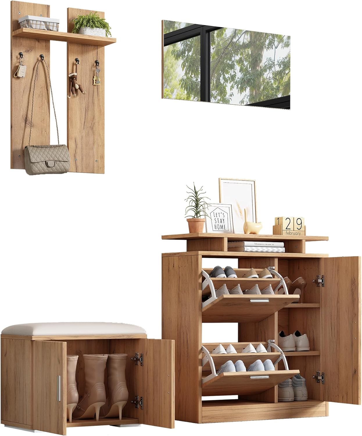 Merax Flurgarderobe Garderobenschrank Flur, Wandgarderobe Garderobenset mit Schuhbank und Schuhschrank, 1 Spiegel, 4 Haken, 5 Türen, Naturholzfarbe, 140×35×133 cm