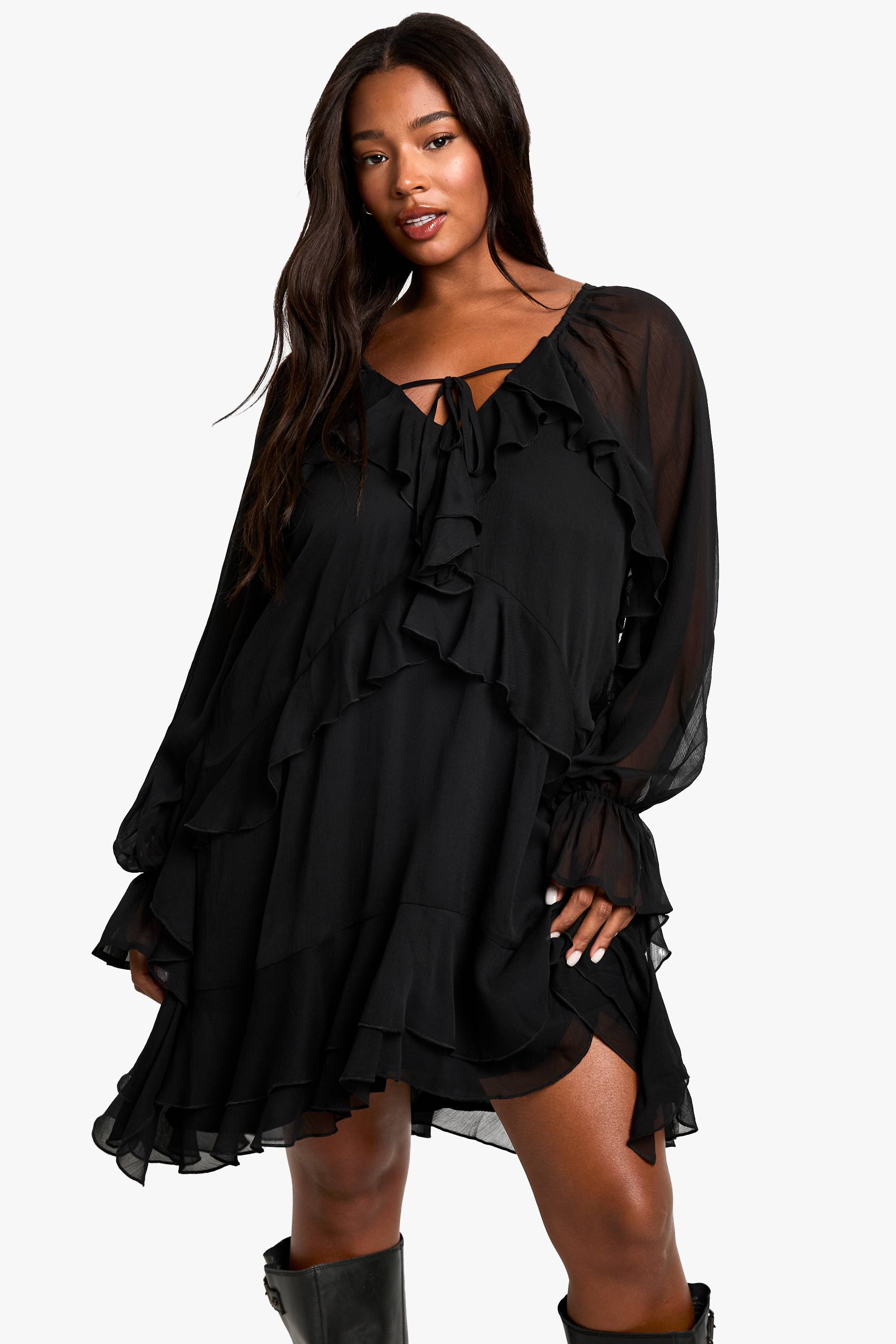 boohoo Plus Chiffon Ruffle Smock Dress