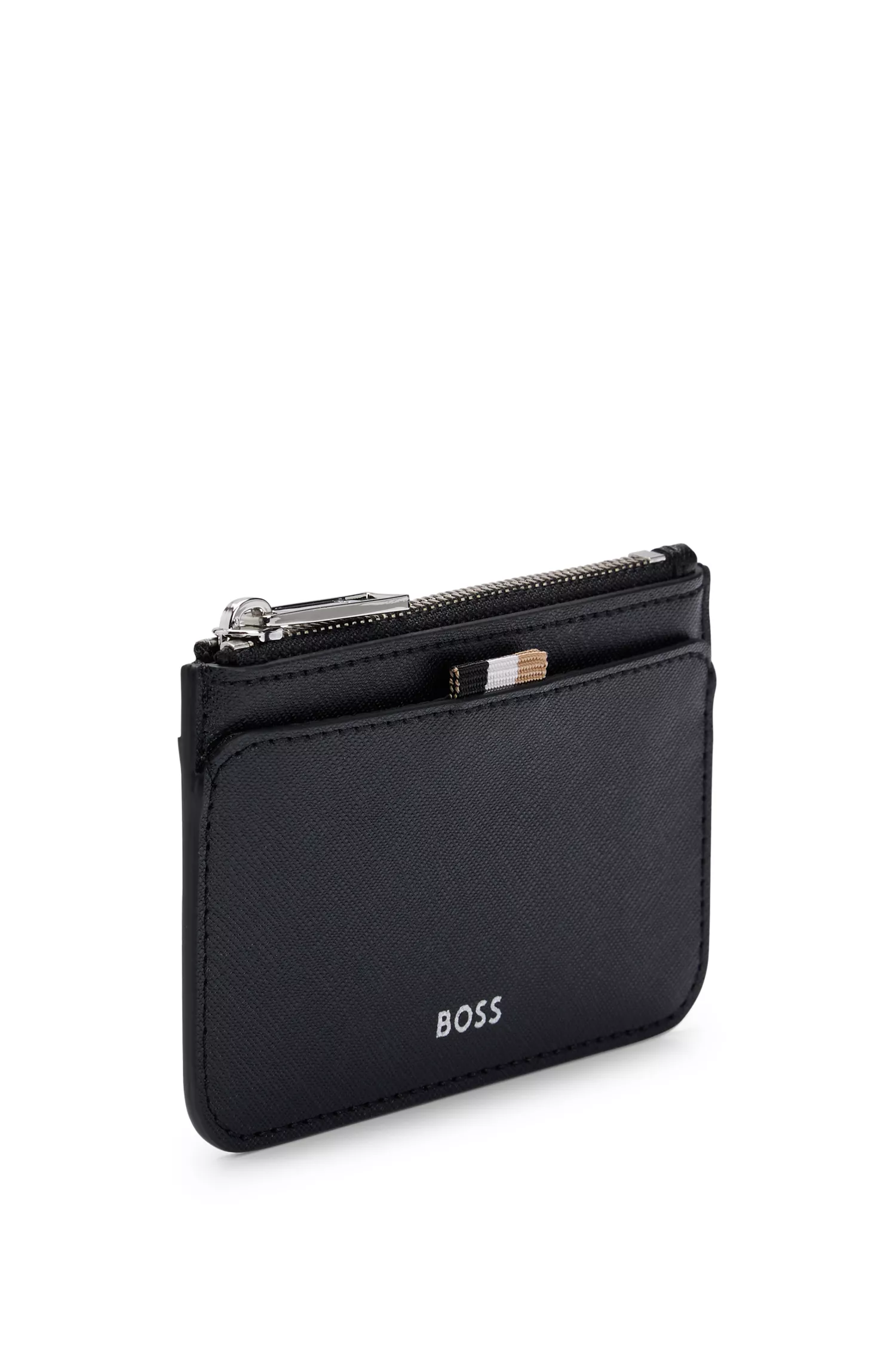 Porta-cartões BOSS preto estruturado com bolso para moedas com zíper