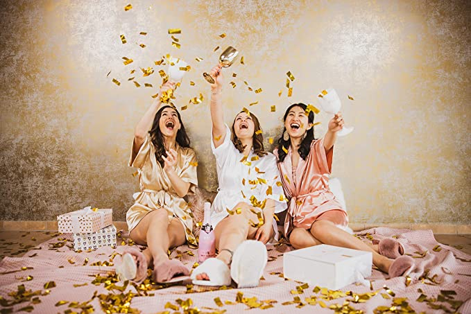 (160-170cm) Satin Morgenmantel Party Accessoire Bridesmaid Seiden Robe Junggesellinnenabschied - Rosa / Gold