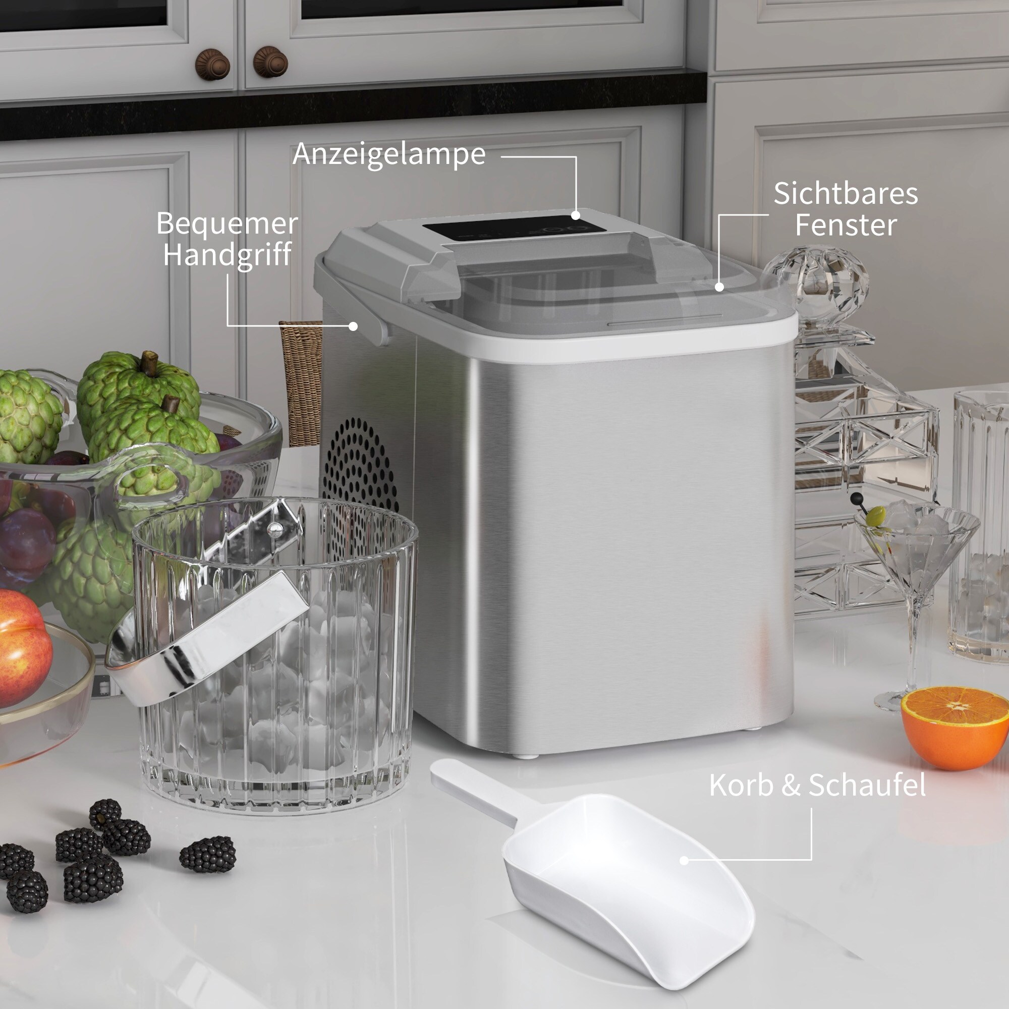 HOMCOM Eiswürfelmaschine mit Sichtfenster silber 30,3L x 22,8B x 29H cm