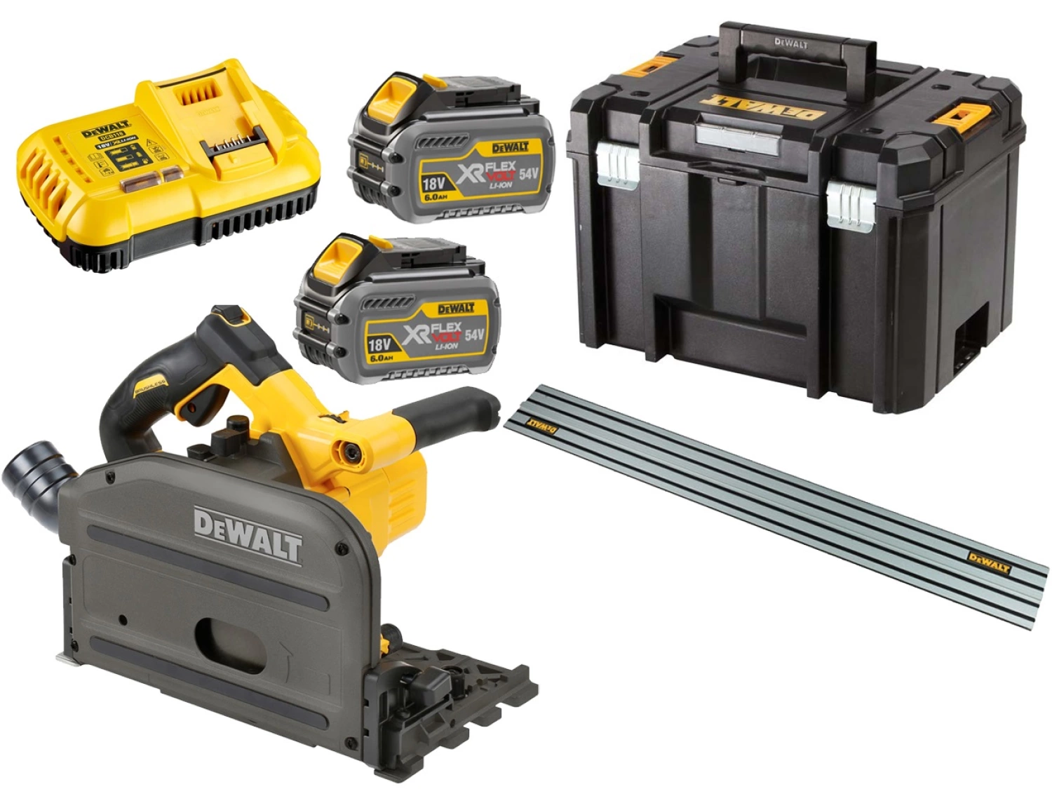 DeWALT DCS520T2R 18V / 54V XR FlexVolt Li-Ion Accu invalzaag incl. geleiderail set (2x 6,0Ah accu) in TSTAK - snelwissel - koolborstelloos