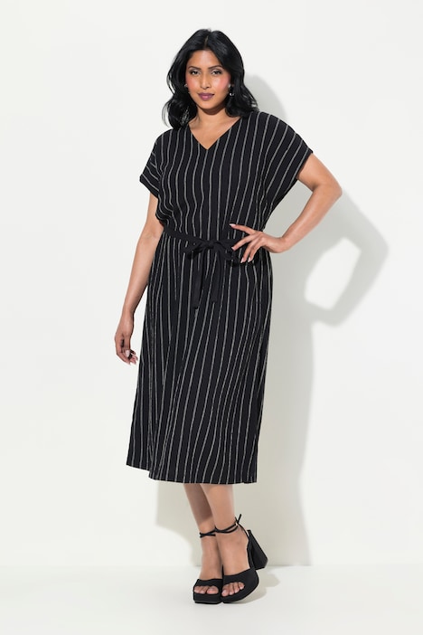 Jersey-Midikleid, Struktur, V-Ausschnitt, ärmellos