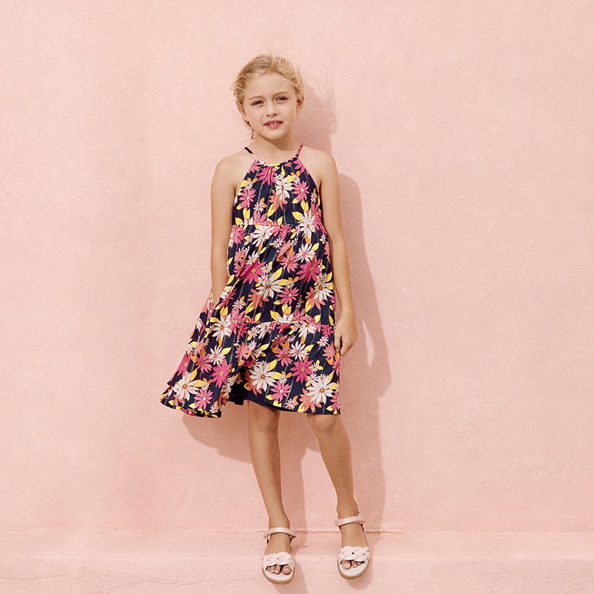 Robe à fines bretelles imprimé floral avec dos ouvert pour fille - Bleu marine