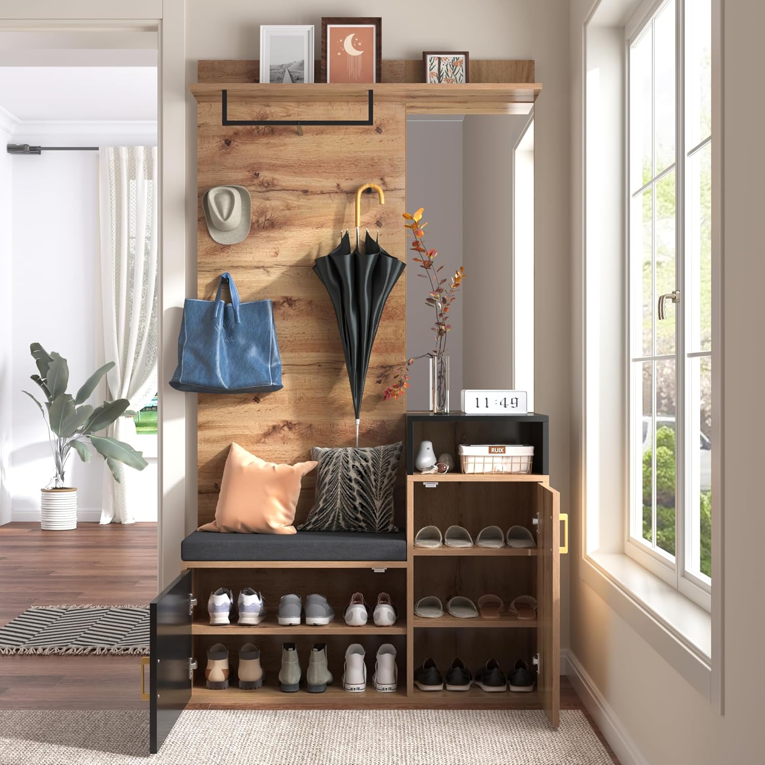 Garderoben-Set, Flurgarderobe mit Sitzbank & Spiegel, Garderobe mit Schuhschrank, Kompaktgarderobe mit 6 goldenen Kleiderhaken, Kissen, oberes Ablagefach, 105*40*190.5cm Holzfarbe & Schwarz