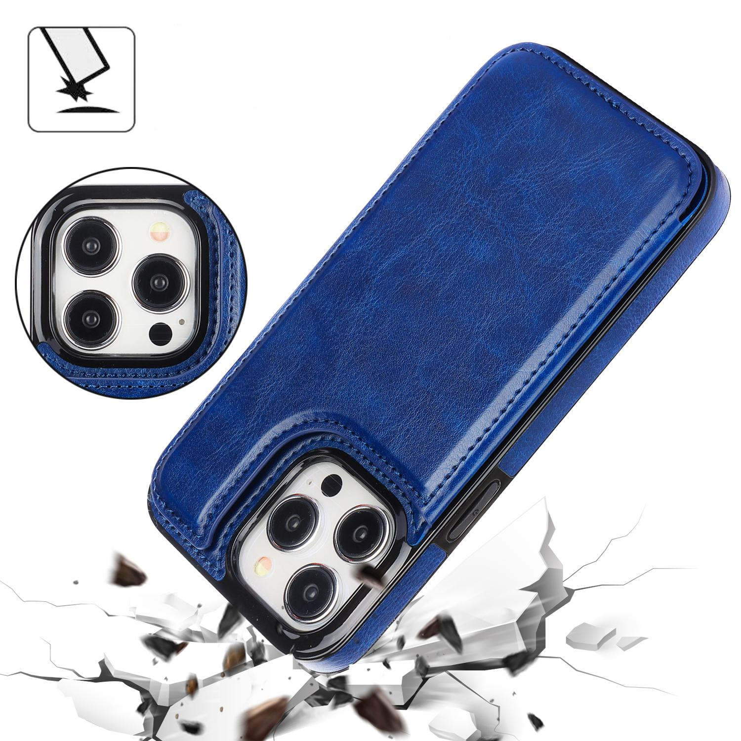 iPhone 15 Pro Max Hybrid Leder Hülle mit Kartenfach   Kickstand Aufsteller - Blau