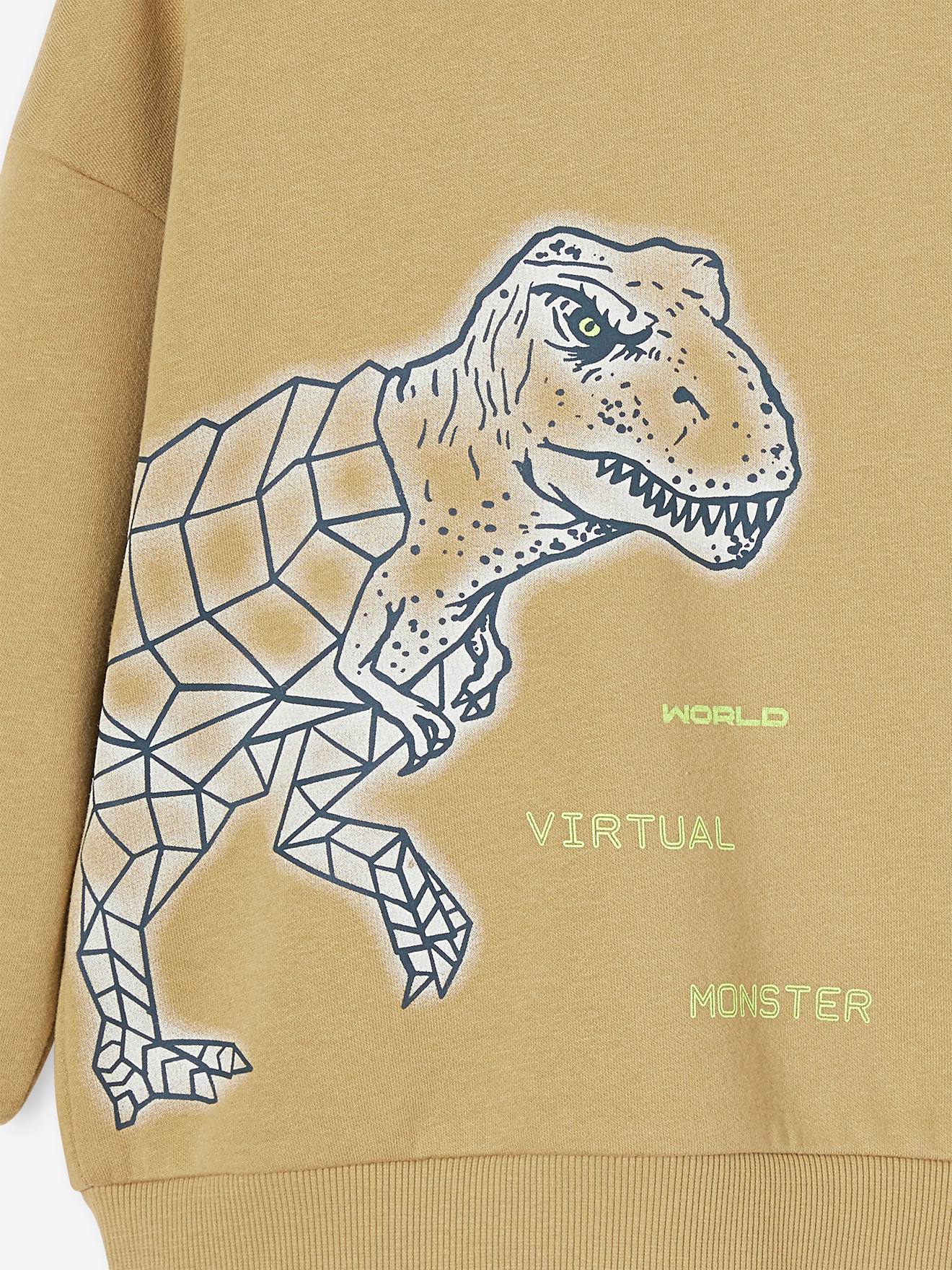 Moletom com capuz estampado com dinossauros e forro de sherpa para meninos, cor verde-oliva