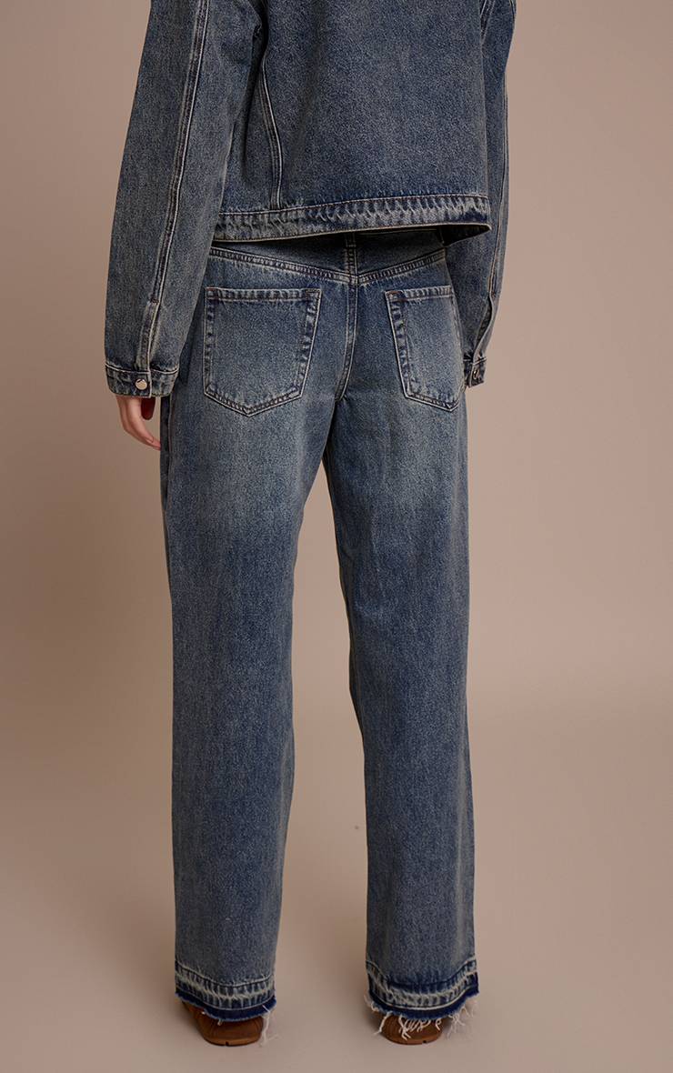 Délavage Vintage Jean Droit Bleu Moyen À Ourlet Brut