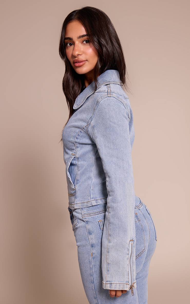 Bleu Clair Veste En Jean Ajustée À Fermeture Éclair Petite Taille