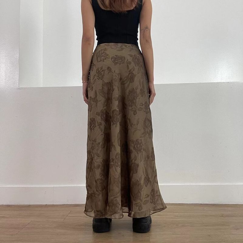 Genrovia - Maxi A-lijn rok met hoge taille en bloemenprint