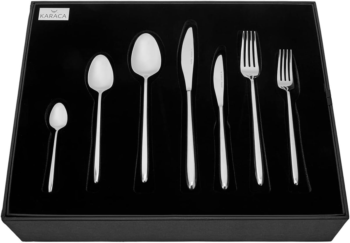 Karaca Flow 84-tlg Edelstahl Besteck Set für 12 Personen, Modern Langlebig, Rostfrei Besteckset, Spülmaschinenfest & Elegantes Besteck (Cutlery Set), Platin
