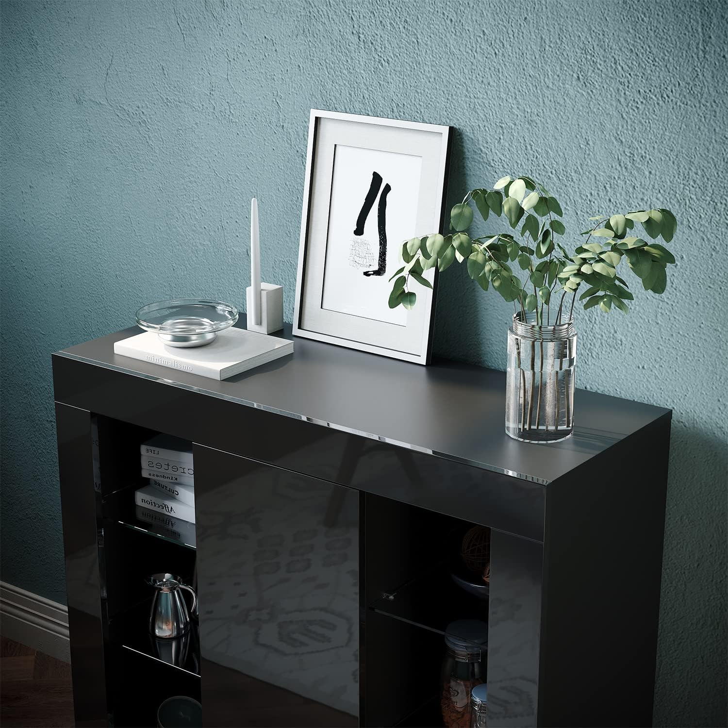 SONNI Sideboard, Küchenschrank, mit LED Beleuchtung(12 Farben können eingestellt Werden) Schwarz Hochglanz Aufbewahrungsschrank, für Küche,Wohnzimmer, 90(B)*35(T)*83(H) cm