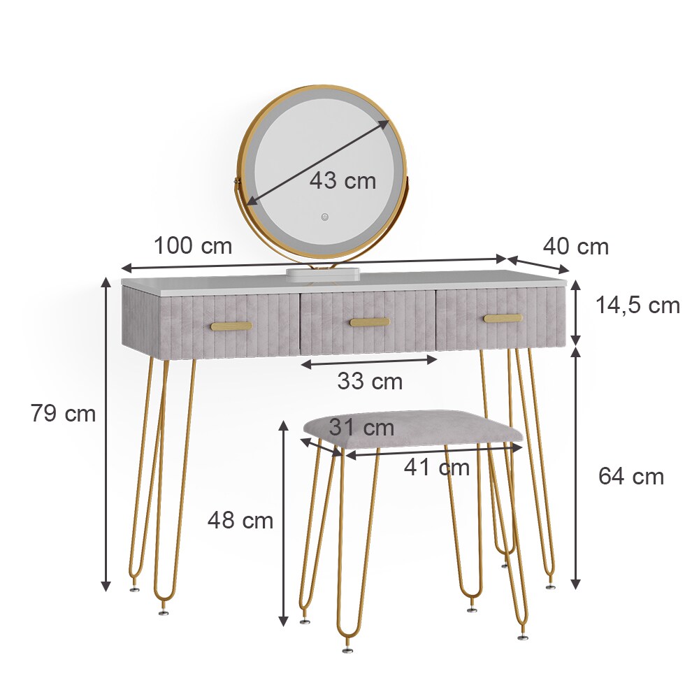 Vicco Schminktisch Frisiertisch Schminkkommode Layla Weiß Grau LED-Spiegel Design-Hocker 100x79 cm modern Schlafzimmer Kommode Schublade Ablage Aufbewahrung Touch-Switch Kosmetiktisch Make-Up-Tisch