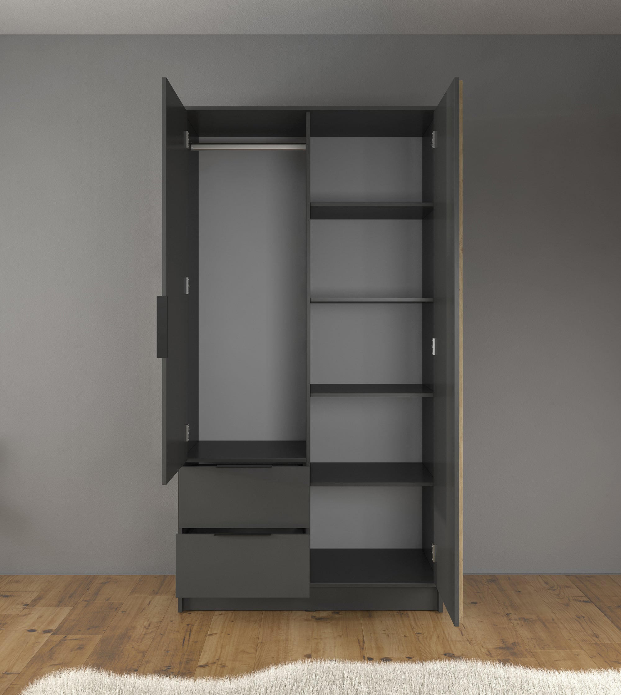 Nairobi - Kledingkast 2-deurs - Antraciet/eiken - 105x51x200 cm